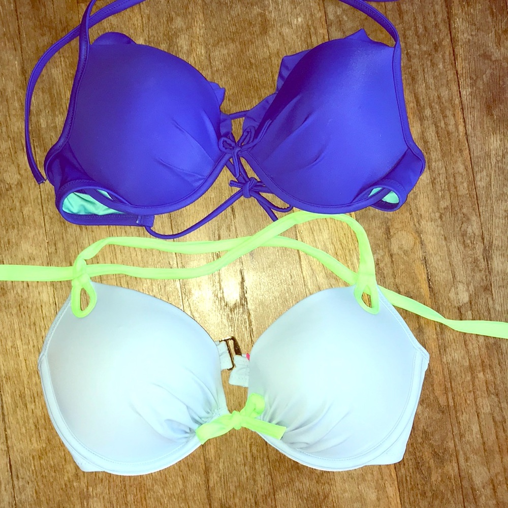 Two blue VS SWIM bikini tops in 36D